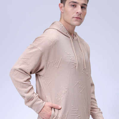 Men's Beige Oversized Self Design Hooded Neck Sweatshirt