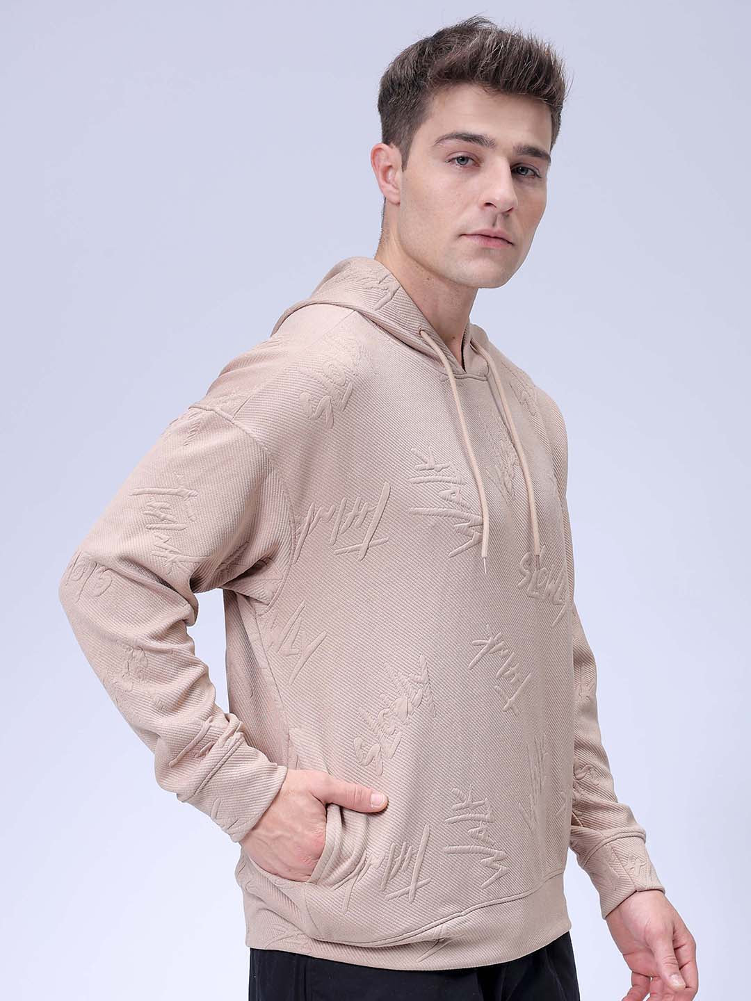 Men's Beige Oversized Self Design Hooded Neck Sweatshirt