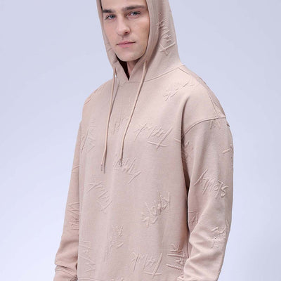 Men's Beige Oversized Self Design Hooded Neck Sweatshirt