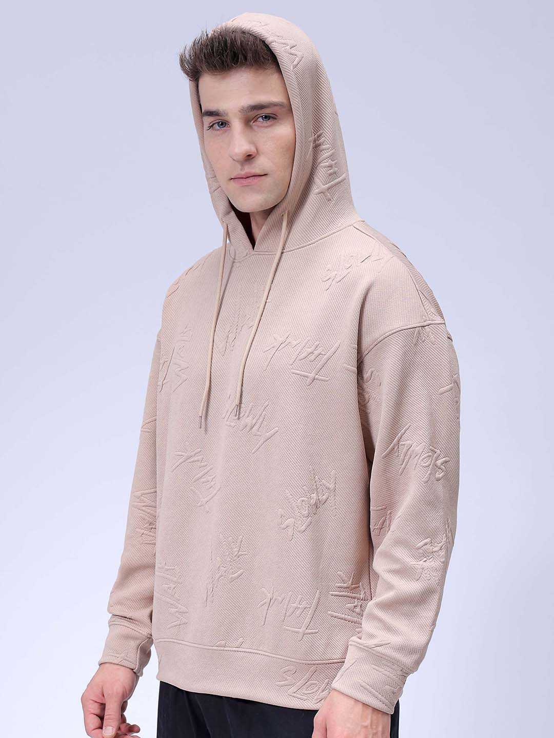 Men's Beige Oversized Self Design Hooded Neck Sweatshirt