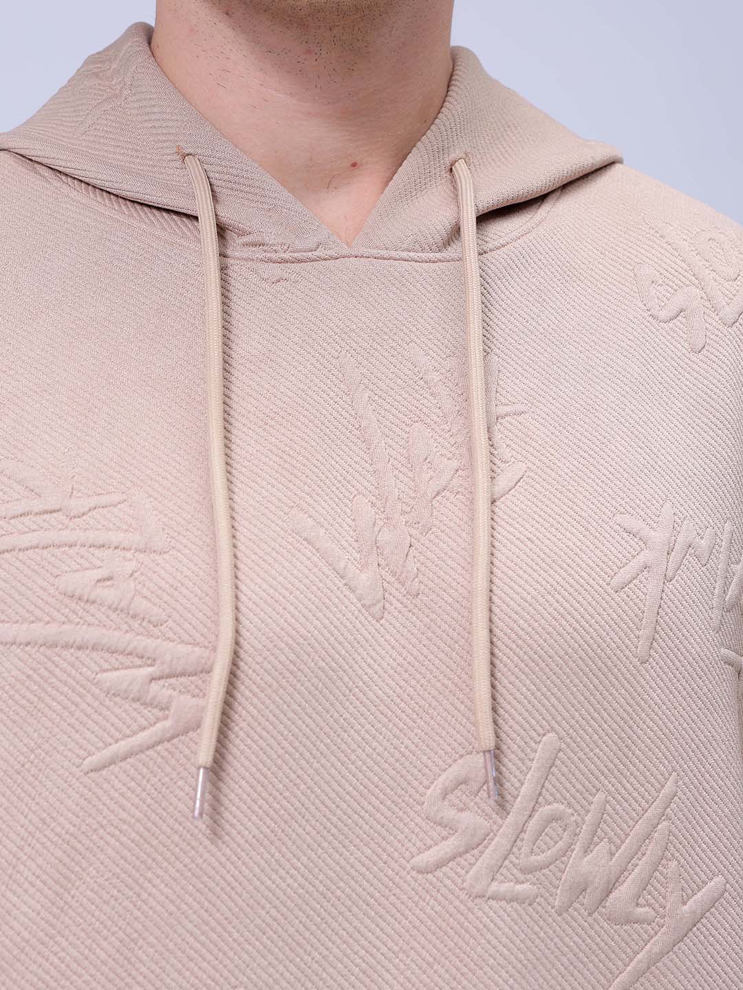 Men's Beige Oversized Self Design Hooded Neck Sweatshirt