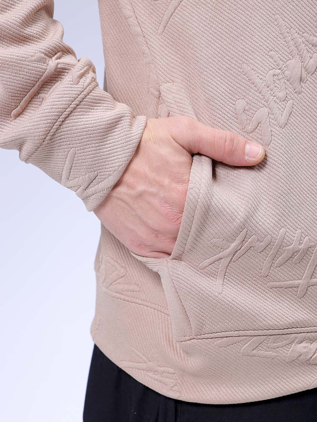 Men's Beige Oversized Self Design Hooded Neck Sweatshirt
