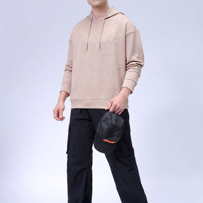 Men's Beige Oversized Self Design Hooded Neck Sweatshirt