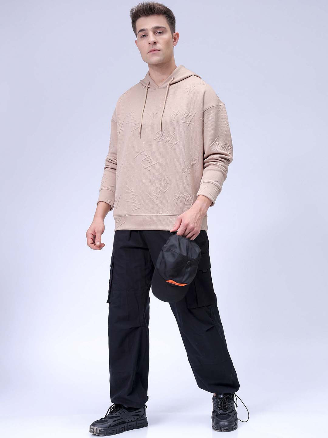 Men's Beige Oversized Self Design Hooded Neck Sweatshirt