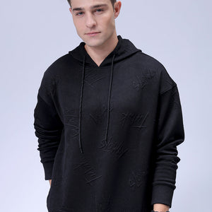 Men's Black Oversized Self Design Hooded Neck Sweatshirt