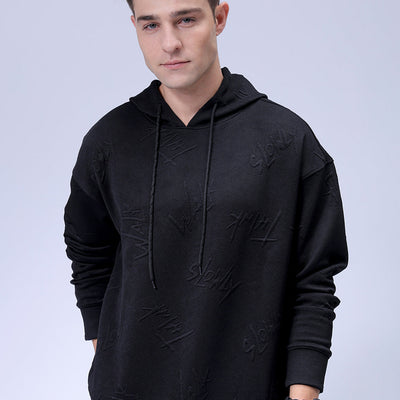 Men's Black Oversized Self Design Hooded Neck Sweatshirt