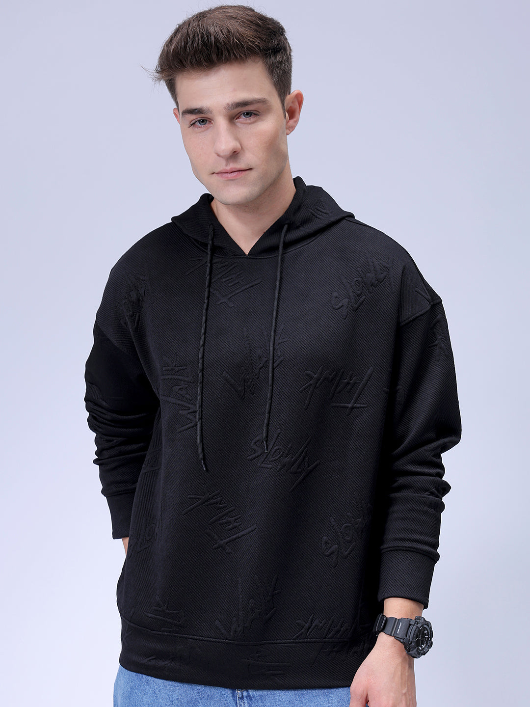 Men's Black Oversized Self Design Hooded Neck Sweatshirt
