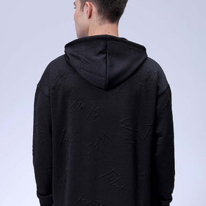 Men's Black Oversized Self Design Hooded Neck Sweatshirt