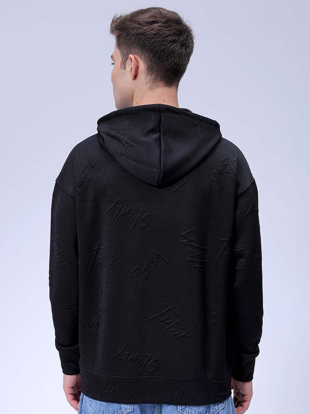 Men's Black Oversized Self Design Hooded Neck Sweatshirt