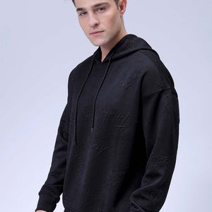 Men's Black Oversized Self Design Hooded Neck Sweatshirt