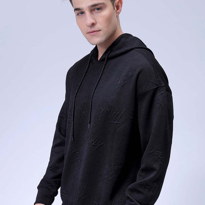 Men's Black Oversized Self Design Hooded Neck Sweatshirt