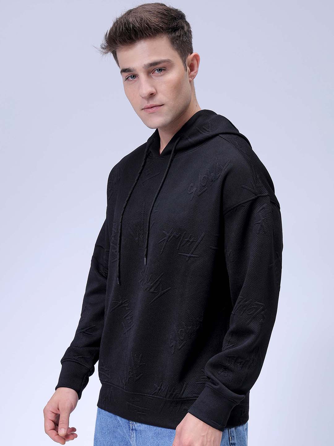 Men's Black Oversized Self Design Hooded Neck Sweatshirt