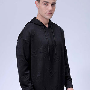 Men's Black Oversized Self Design Hooded Neck Sweatshirt