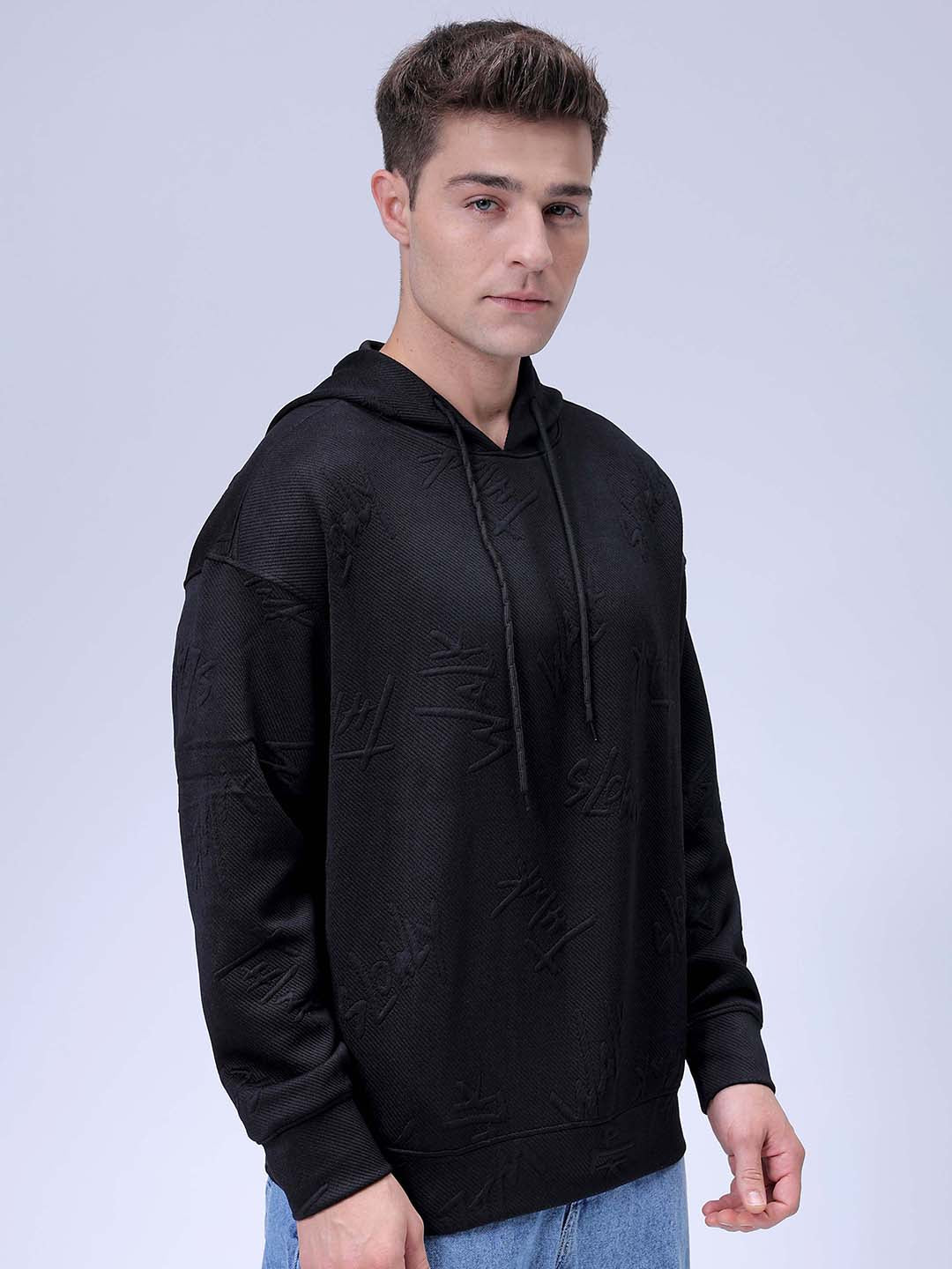 Men's Black Oversized Self Design Hooded Neck Sweatshirt