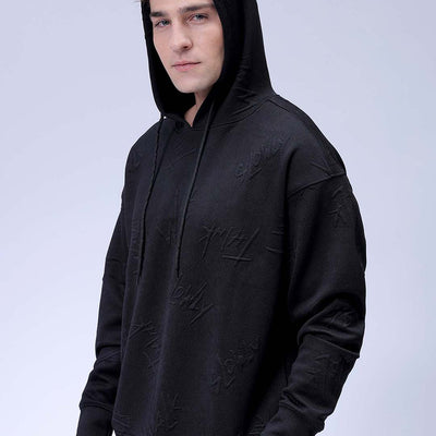 Men's Black Oversized Self Design Hooded Neck Sweatshirt