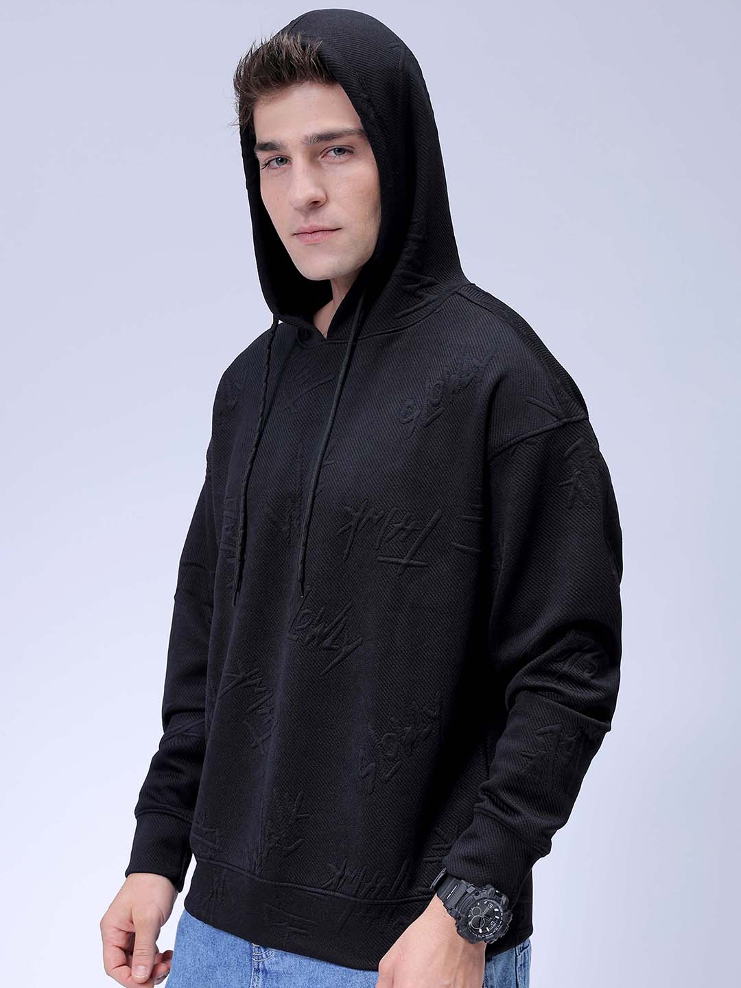 Men's Black Oversized Self Design Hooded Neck Sweatshirt