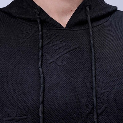 Men's Black Oversized Self Design Hooded Neck Sweatshirt