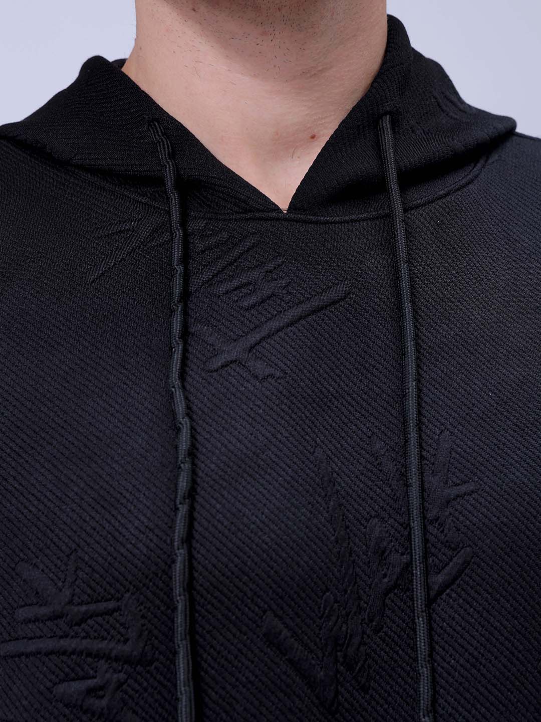 Men's Black Oversized Self Design Hooded Neck Sweatshirt