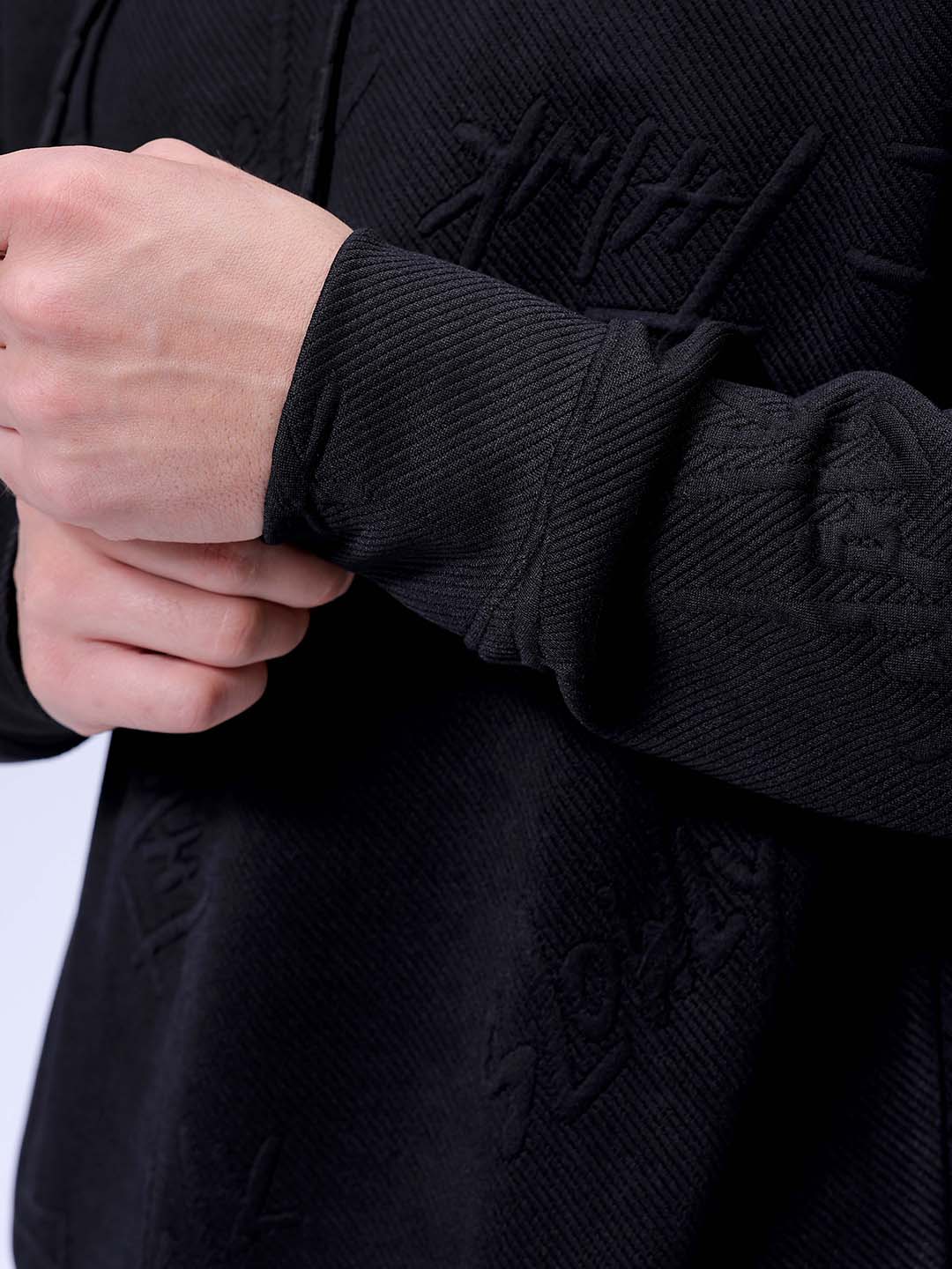 Men's Black Oversized Self Design Hooded Neck Sweatshirt