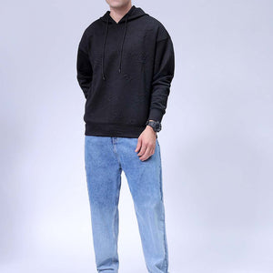 Men's Black Oversized Self Design Hooded Neck Sweatshirt