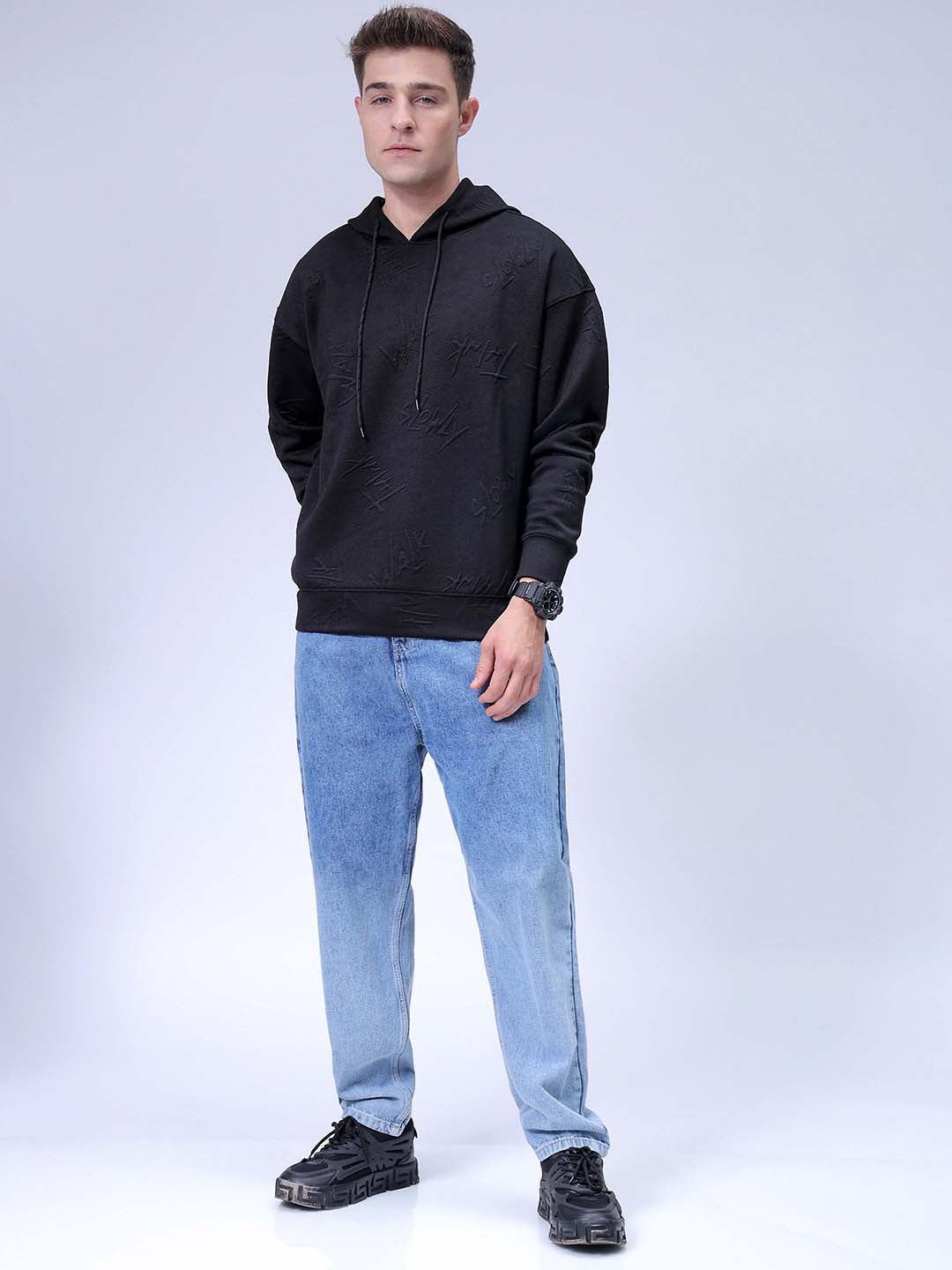 Men's Black Oversized Self Design Hooded Neck Sweatshirt
