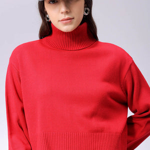 Women's Red Boxy Fit High Neck Solid Sweater