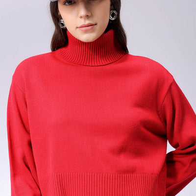 Women's Red Boxy Fit High Neck Solid Sweater