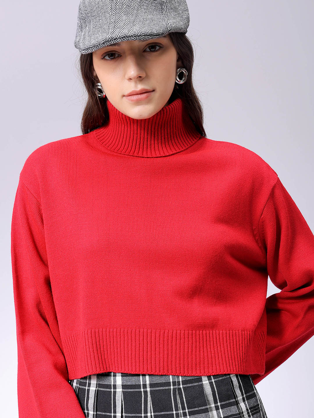 Women's Red Boxy Fit High Neck Solid Sweater