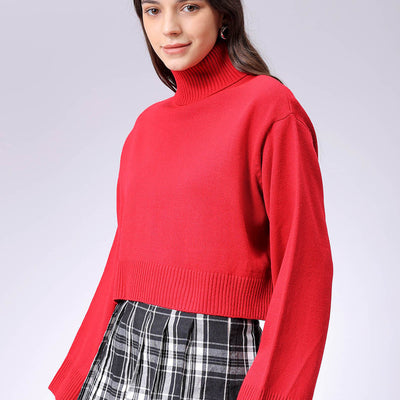 Women's Red Boxy Fit High Neck Solid Sweater