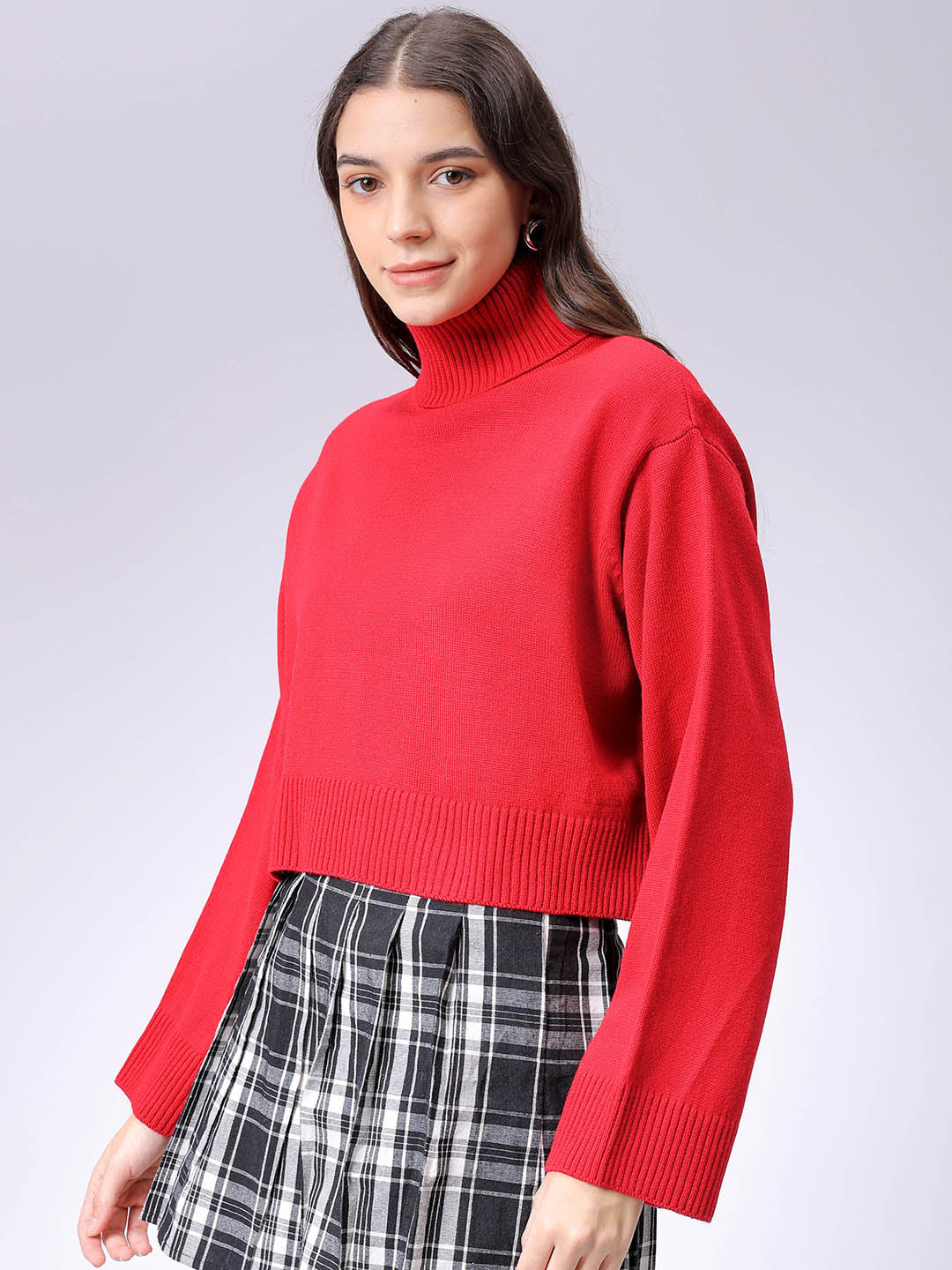 Women's Red Boxy Fit High Neck Solid Sweater