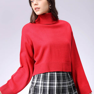 Women's Red Boxy Fit High Neck Solid Sweater