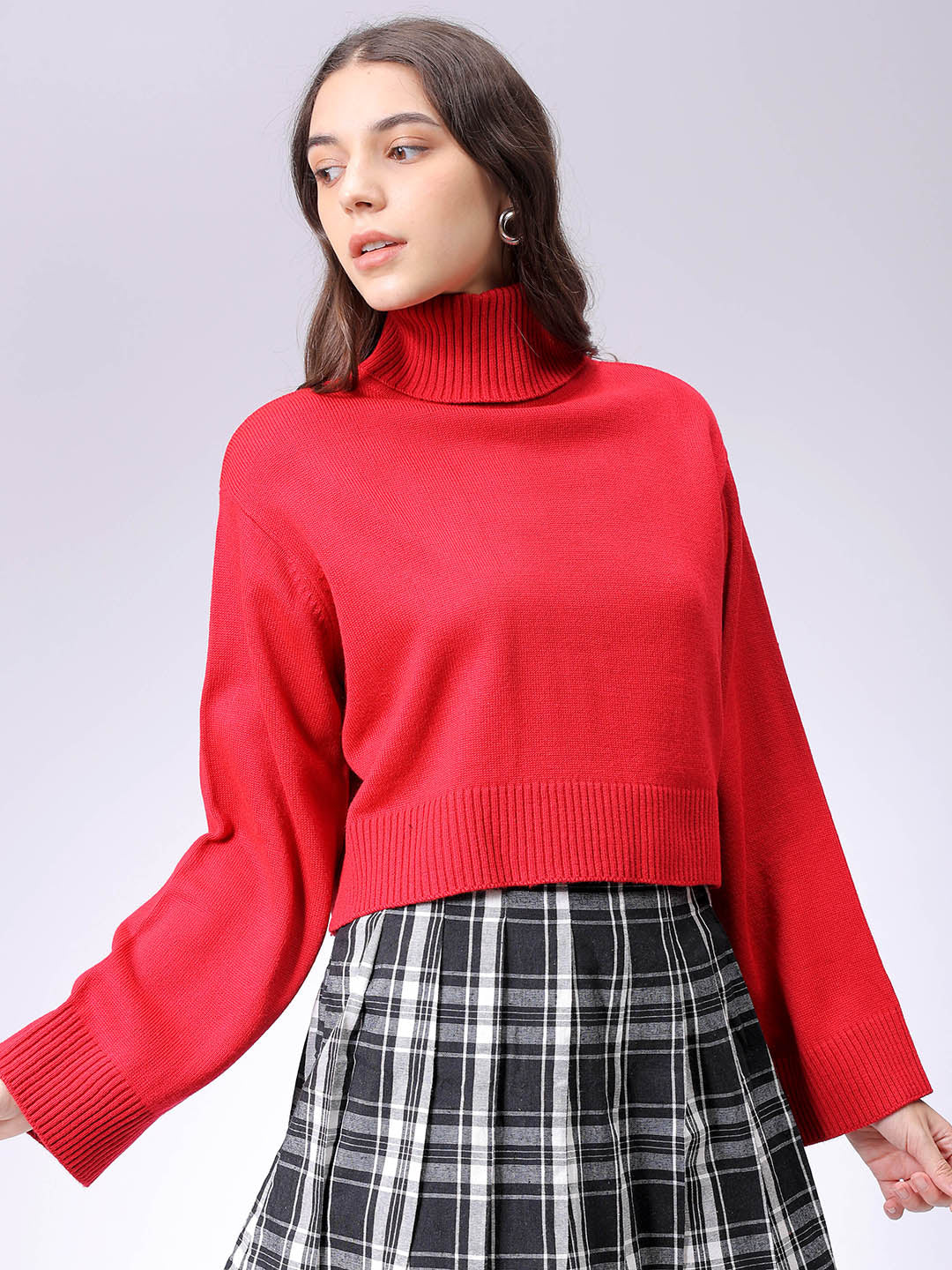 Women's Red Boxy Fit High Neck Solid Sweater