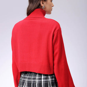 Women's Red Boxy Fit High Neck Solid Sweater