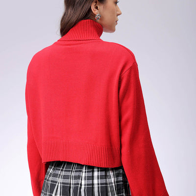 Women's Red Boxy Fit High Neck Solid Sweater