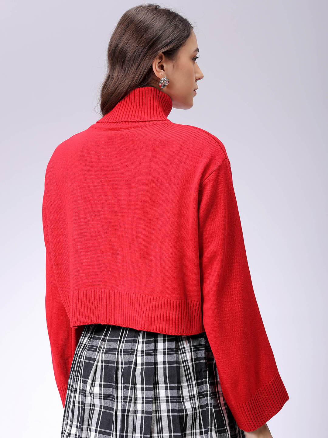 Women's Red Boxy Fit High Neck Solid Sweater