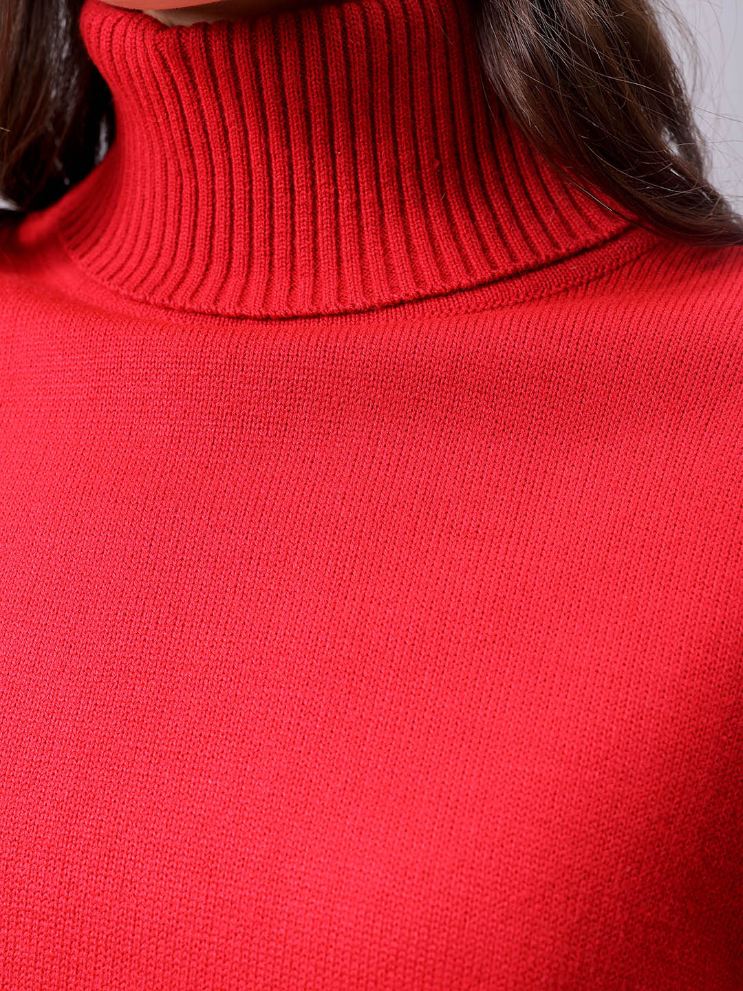 Women's Red Boxy Fit High Neck Solid Sweater