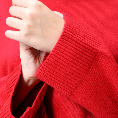 Women's Red Boxy Fit High Neck Solid Sweater