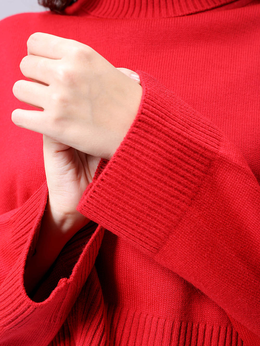 Women's Red Boxy Fit High Neck Solid Sweater