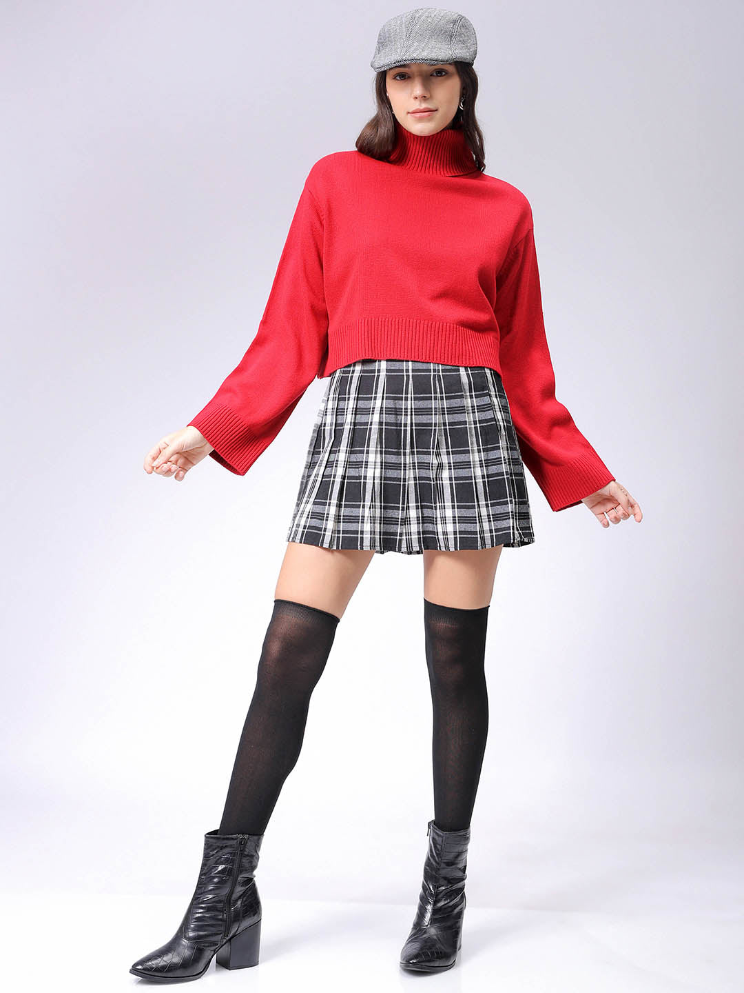 Women's Red Boxy Fit High Neck Solid Sweater