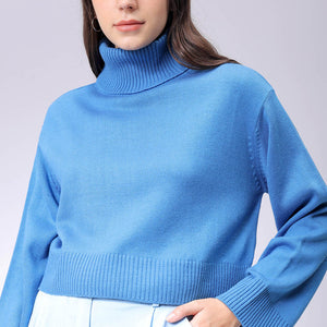 Women's Blue Boxy Fit High Neck Solid Sweater