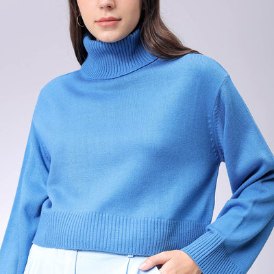Women's Blue Boxy Fit High Neck Solid Sweater