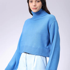Women's Blue Boxy Fit High Neck Solid Sweater