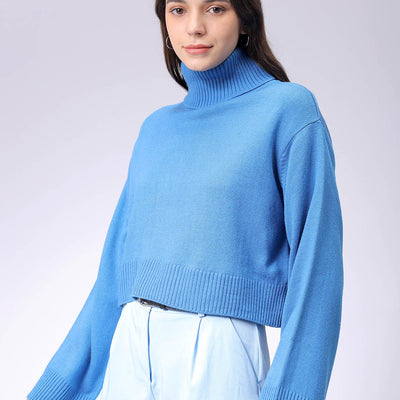 Women's Blue Boxy Fit High Neck Solid Sweater
