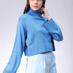Women's Blue Boxy Fit High Neck Solid Sweater
