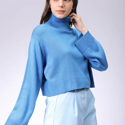Women's Blue Boxy Fit High Neck Solid Sweater