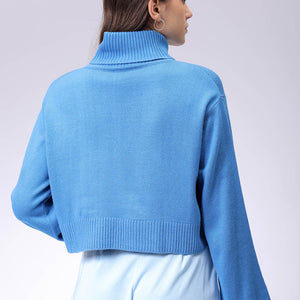 Women's Blue Boxy Fit High Neck Solid Sweater