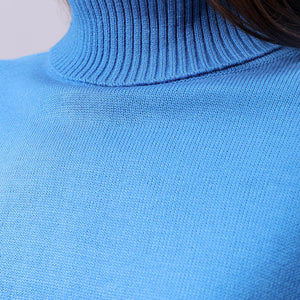 Women's Blue Boxy Fit High Neck Solid Sweater