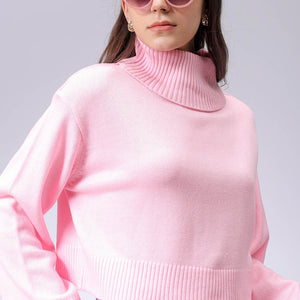 Women's Pink Boxy Fit High Neck Solid Sweater