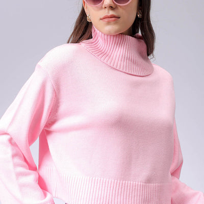 Women's Pink Boxy Fit High Neck Solid Sweater
