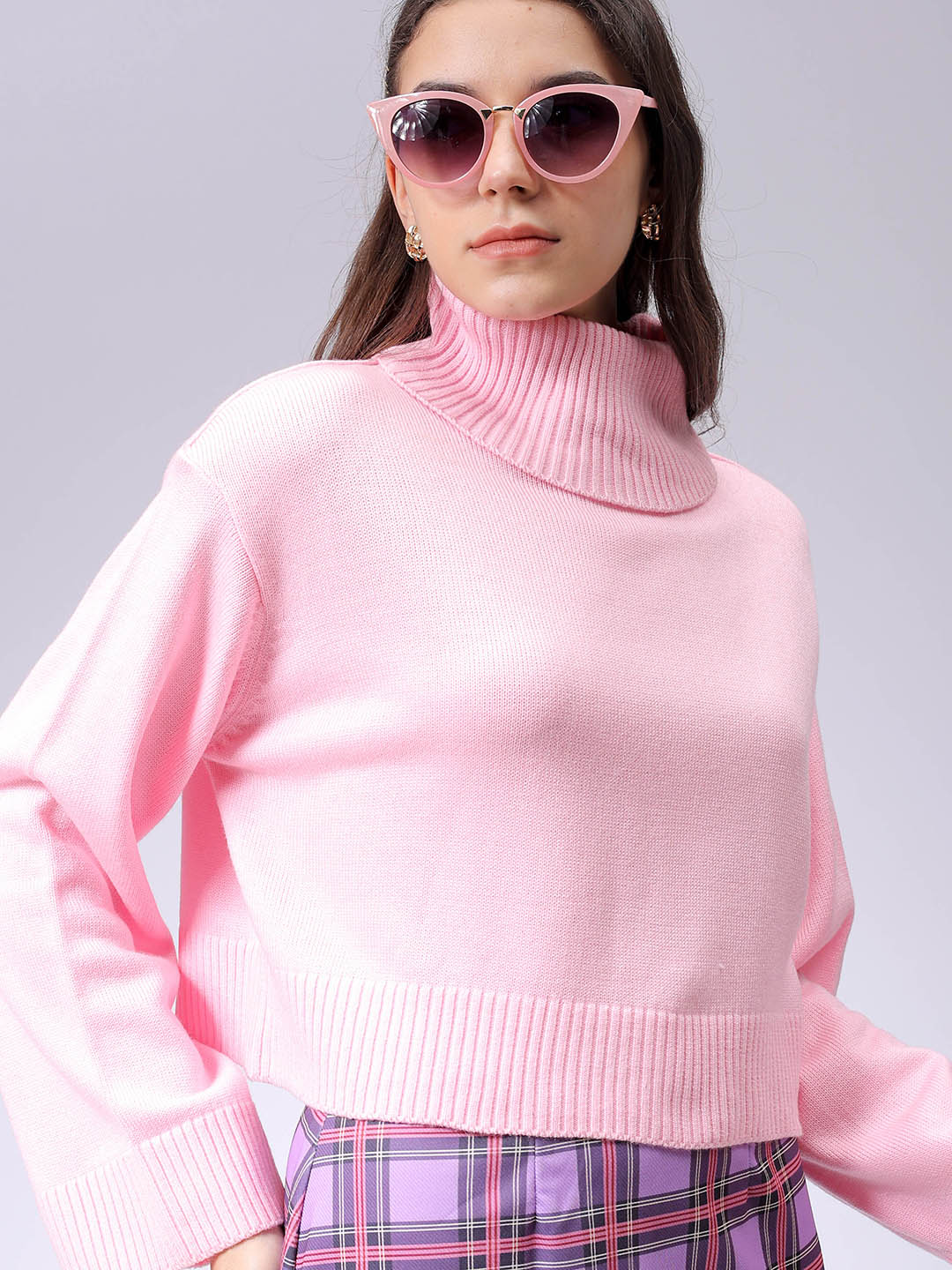 Women's Pink Boxy Fit High Neck Solid Sweater